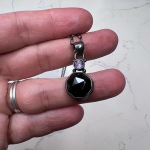 Black onyx and amethyst pendant on oxidized chain